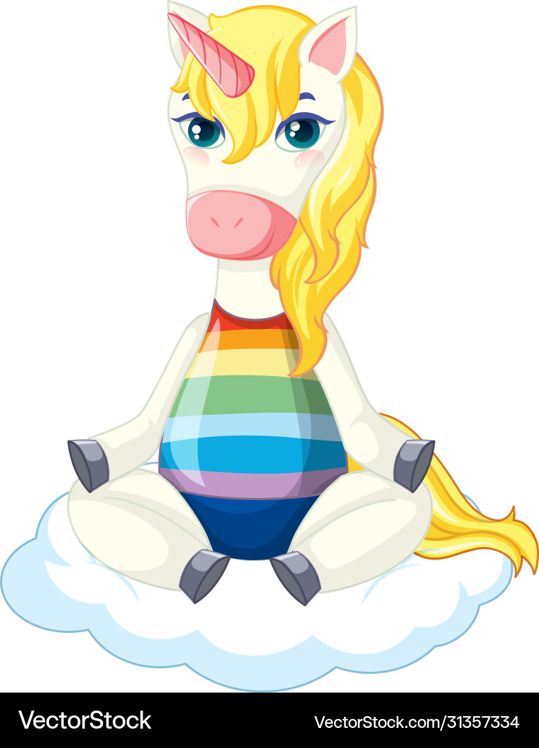 Cute yellow unicorn in sitting on cloud position vector image