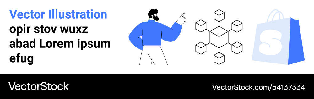 Man pointing at blockchain icon with shopping bag Man pointing at blockchain icon with shopping bag Vector Image