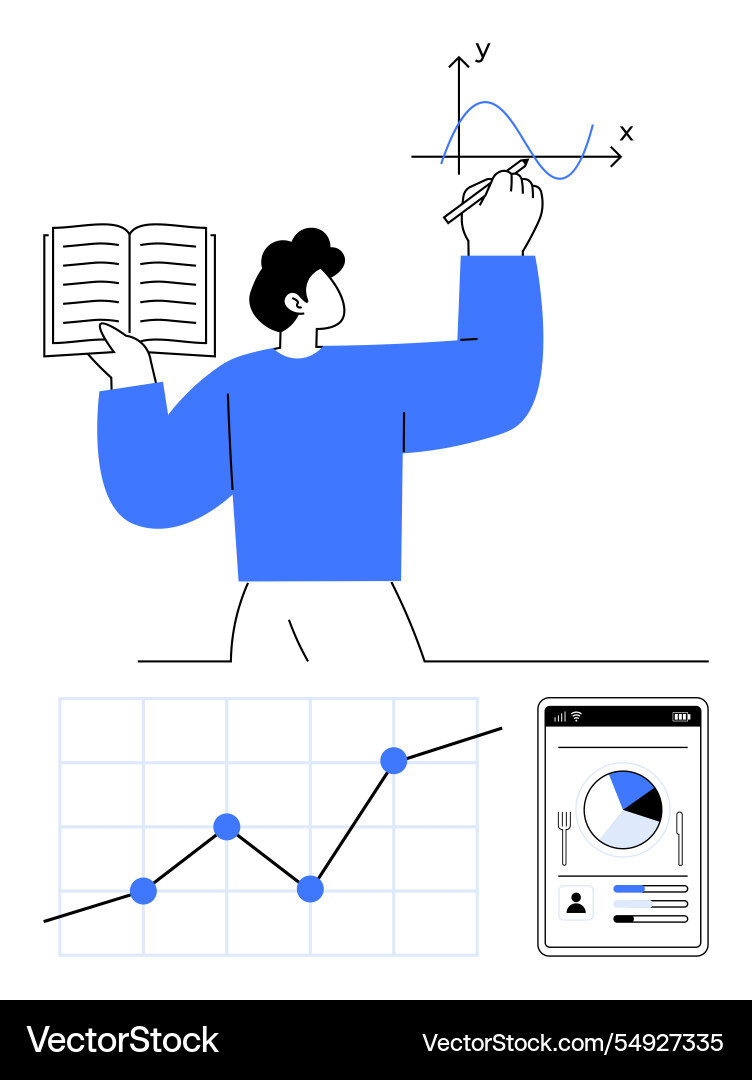Person explaining graphs and charts with open book Person explaining graphs and charts with open book vector image
