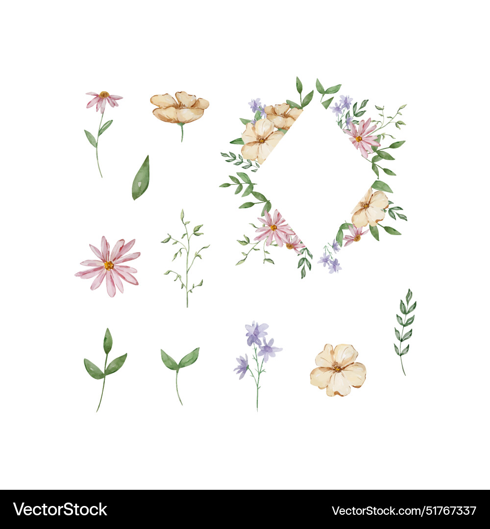 Frame with watercolor garden flowers and leaves Frame with watercolor garden flowers and leaves vector image