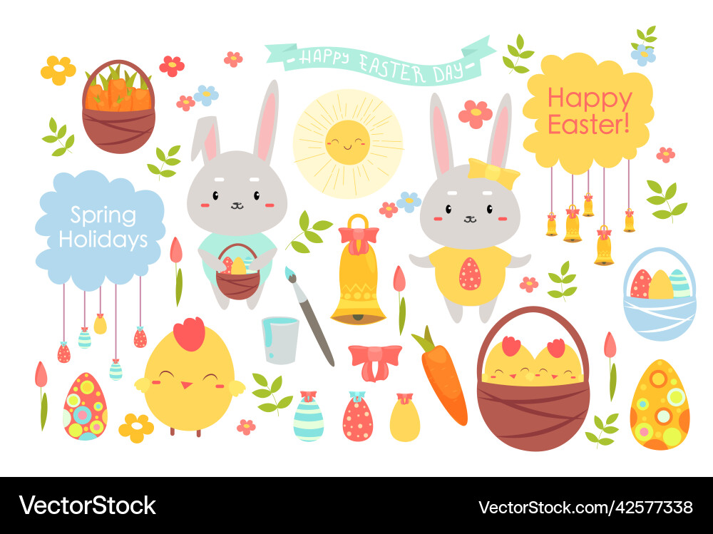 Cute Easter Animals & Eggs Set vector image