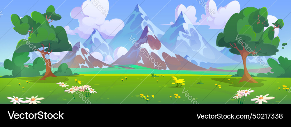 Summer mountain valley with flowers and trees Summer mountain valley with flowers and trees vector image