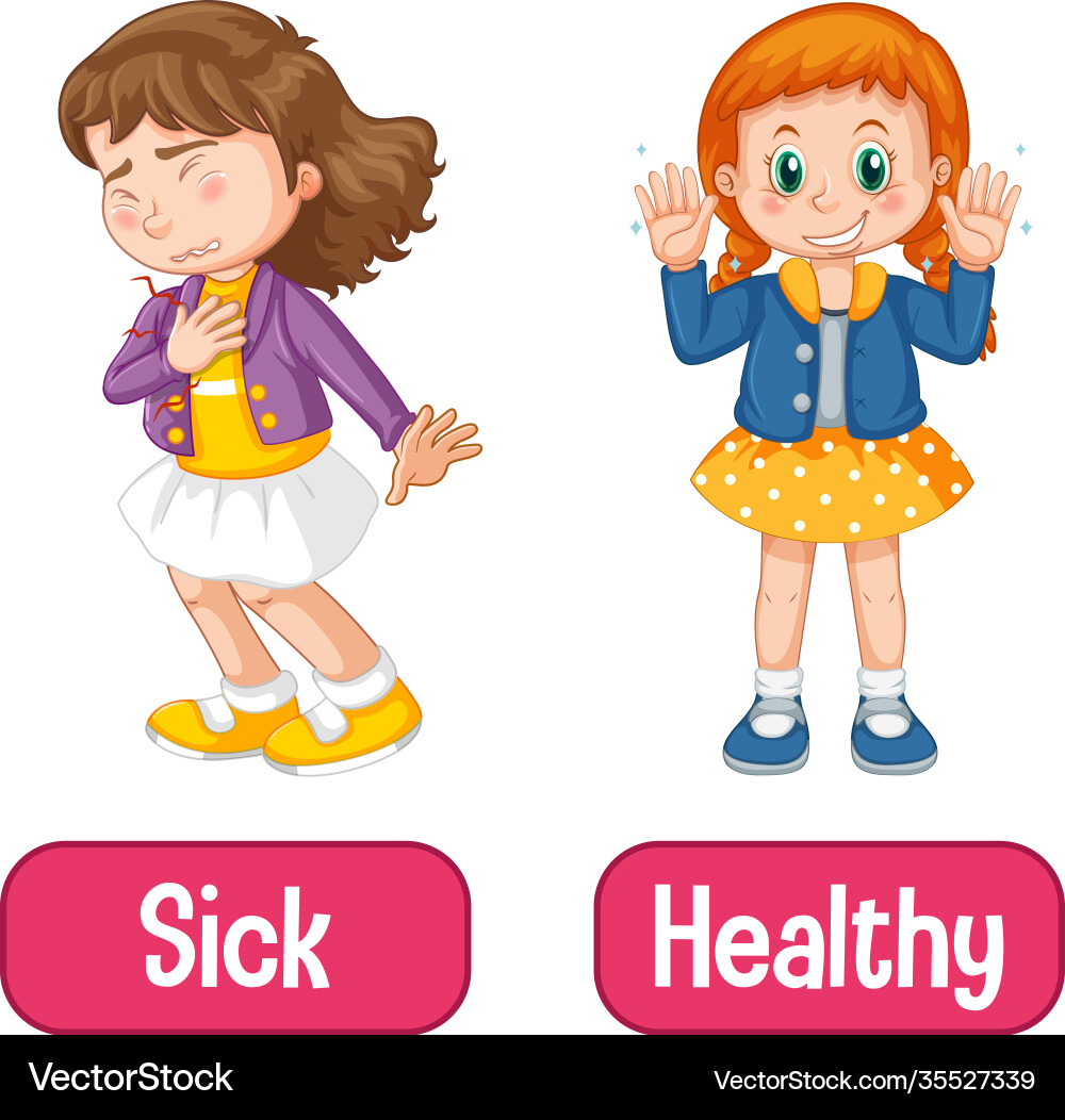 Opposite adjectives words with sick and healthy vector image