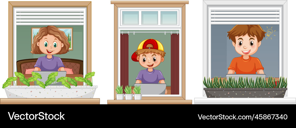 Kids using computer and looking through the window vector image