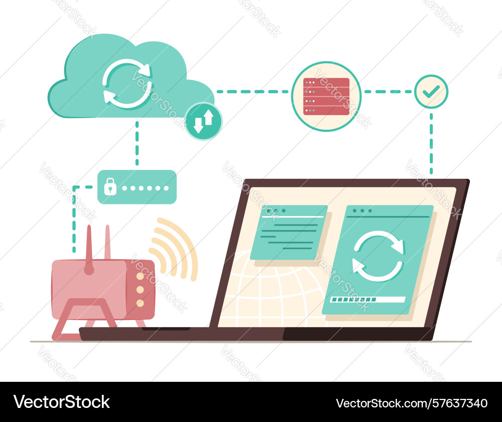 Laptop computer syncing with cloud server via wifi Laptop computer syncing with cloud server via wifi vector image