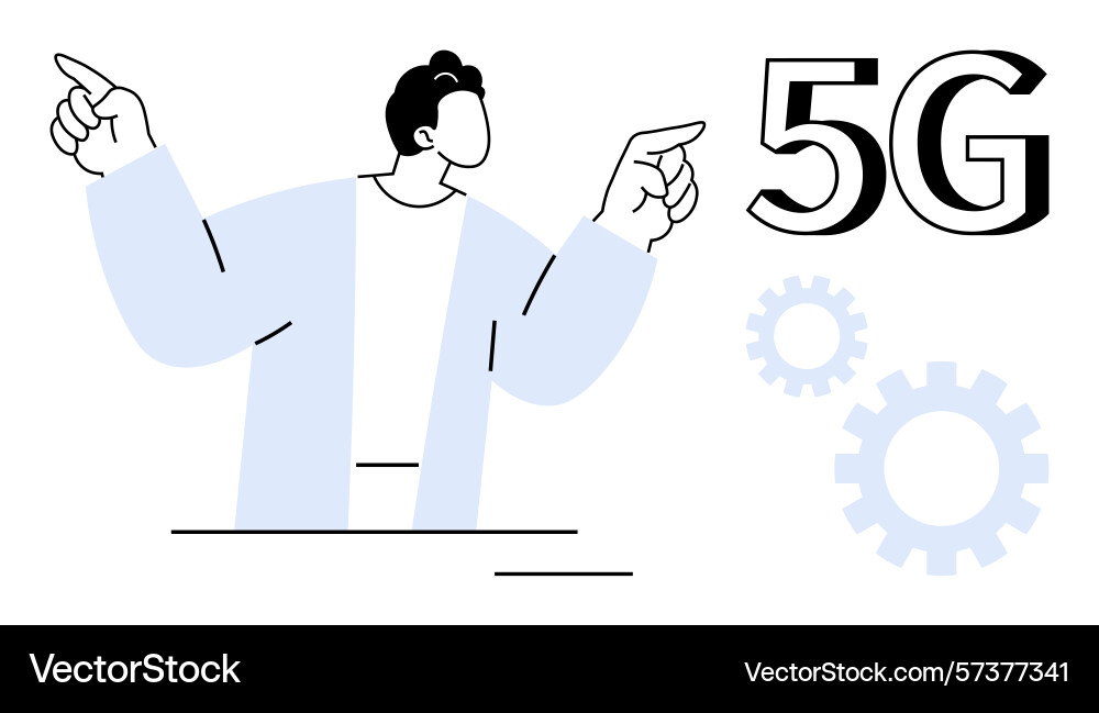 Man gesturing towards 5g concept with gears Man gesturing towards 5g concept with gears vector image