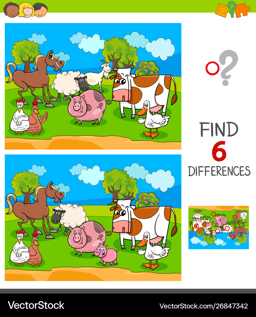 Differences game with farm animal characters Differences game with farm animal characters vector image