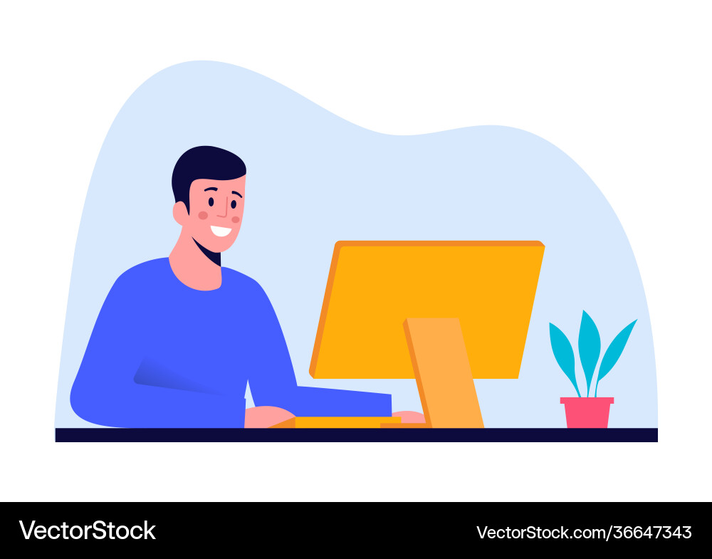 Smiling man working at computer office vector image