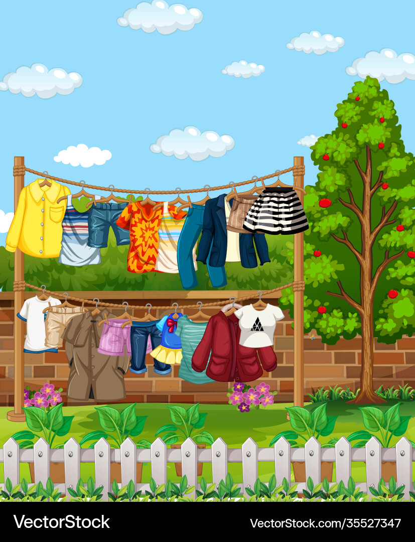 Many clothes hanging on a line outside house Many clothes hanging on a line outside house vector image