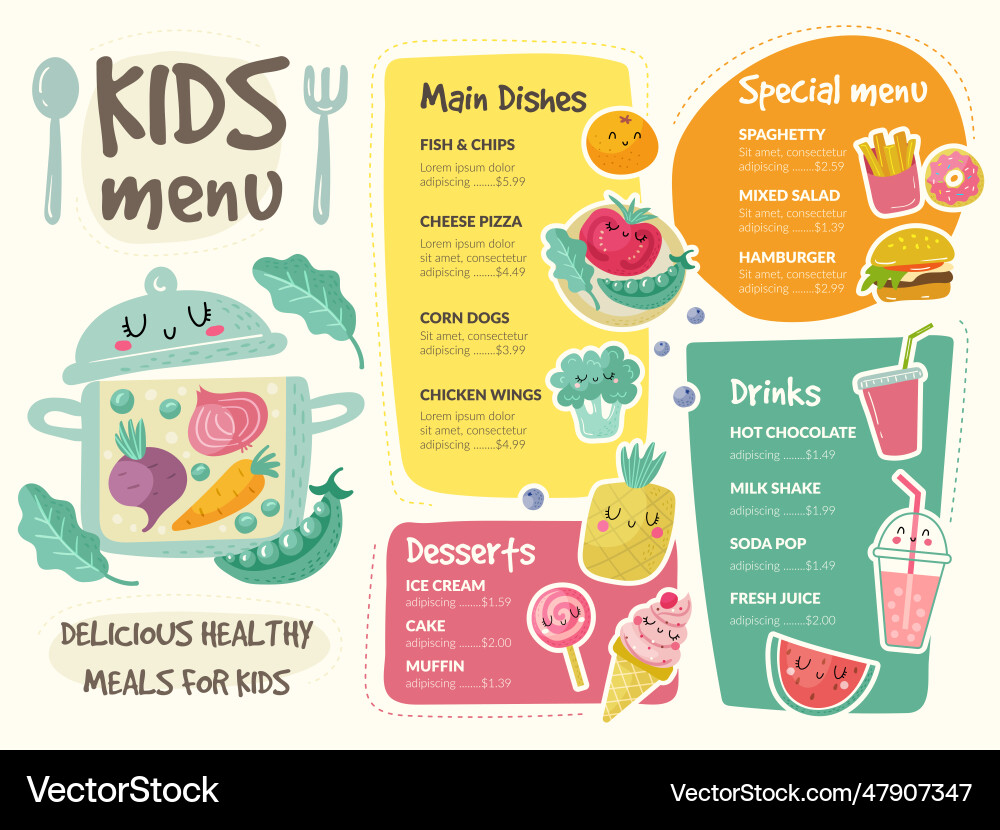 Menu for kids restaurant template print vector image