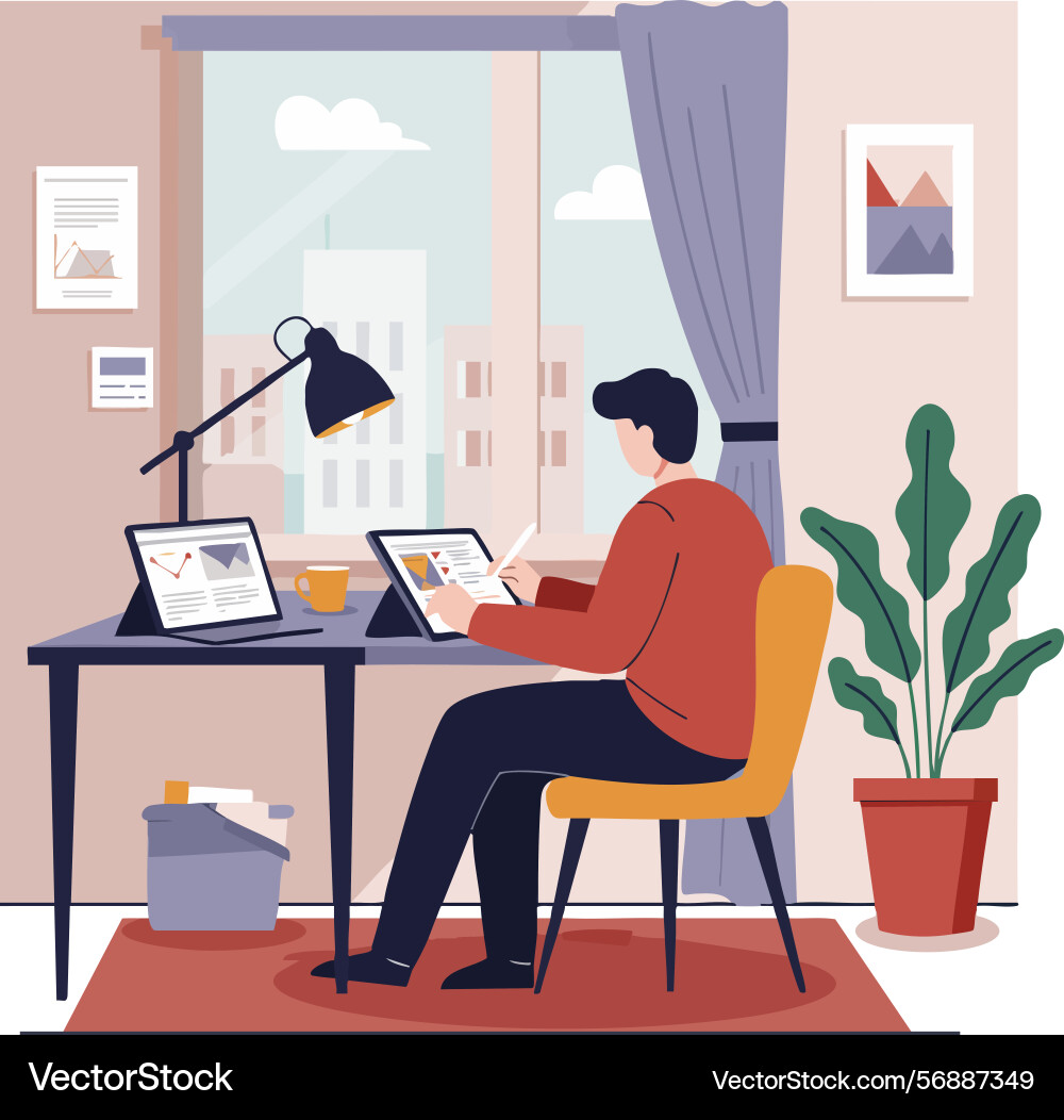 Man working at desk using digital tablet Man working at desk using digital tablet vector image