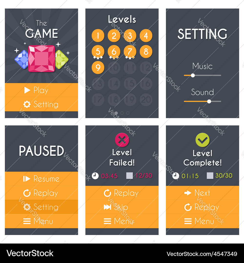 Mobile Game UI Screens Set Vector Image