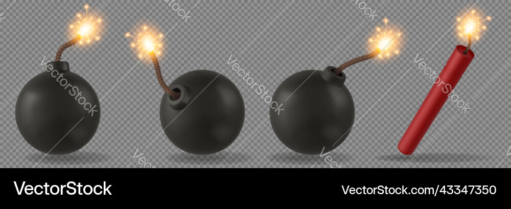 Bombs and dynamite stick with burning fuse set Bombs and dynamite stick with burning fuse set Vector Image