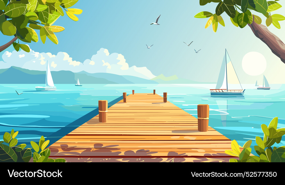 Wooden dock with ocean view background sunny day Vector Image