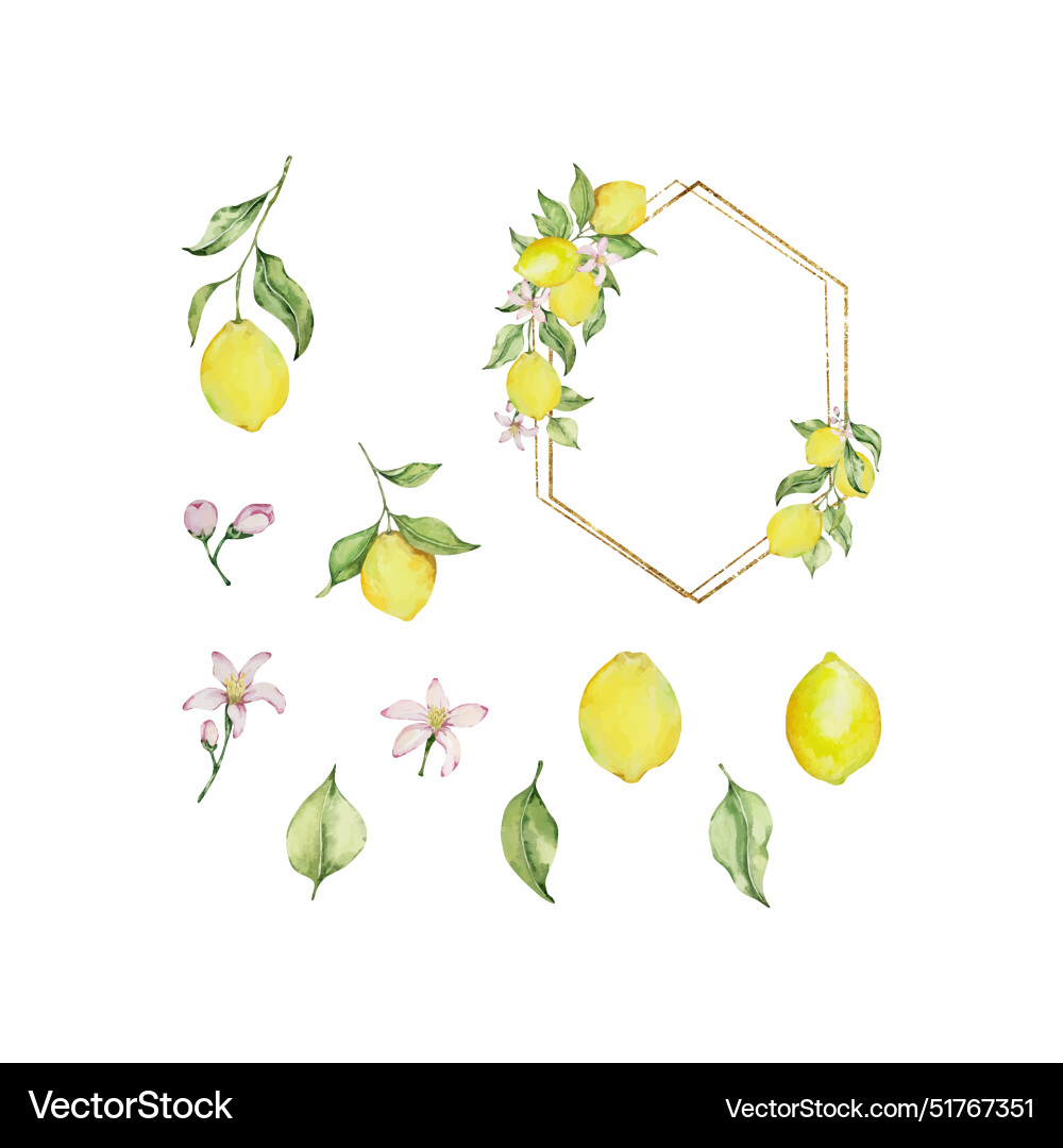 Gold frame with watercolor lemon leaves Vector Image