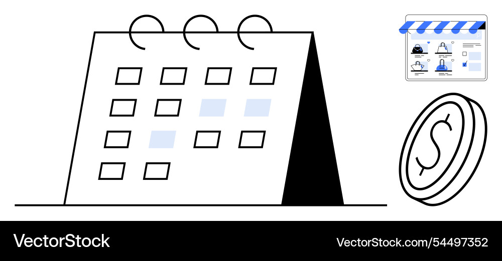 Calendar with storefront and coin representing Calendar with storefront and coin representing Vector Image