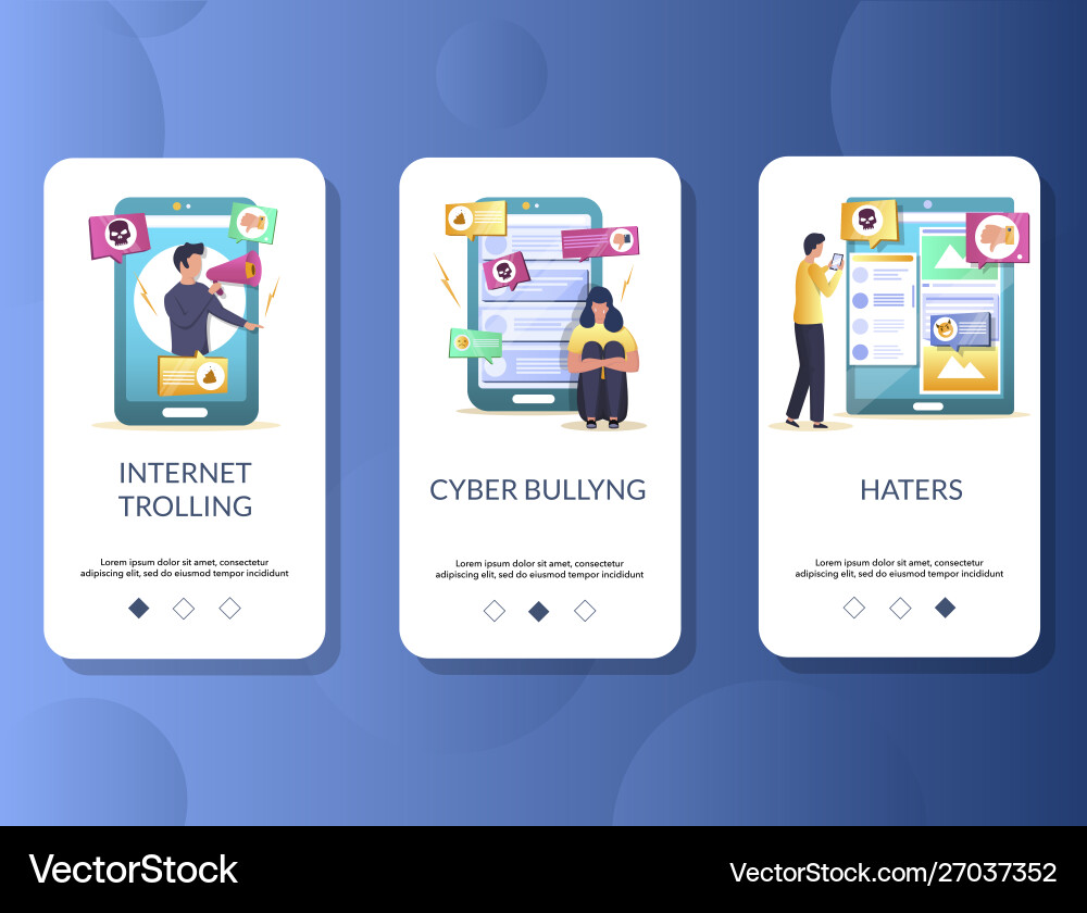 Internet trolling mobile app onboarding screens Internet trolling mobile app onboarding screens vector image