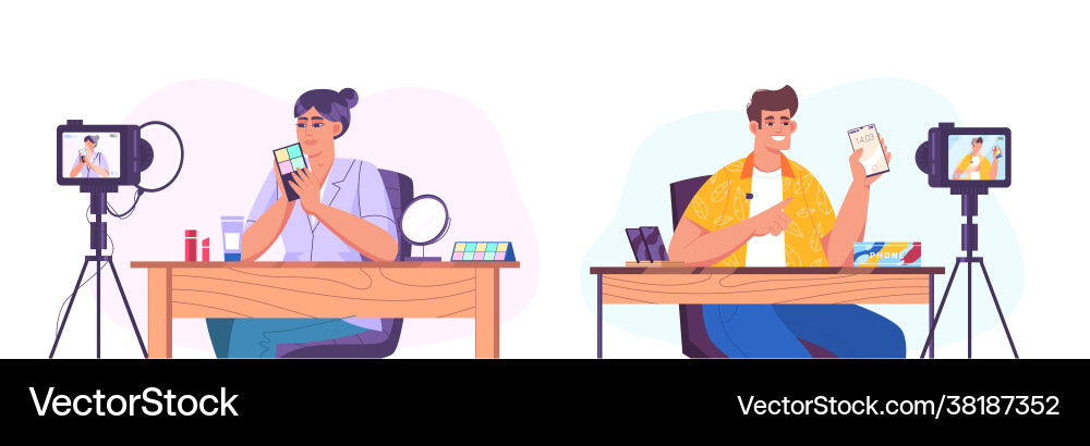 Vloggers creating video in front camera Vloggers creating video in front camera vector image