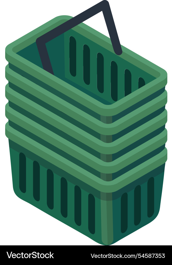 Five empty green shopping baskets stacked together