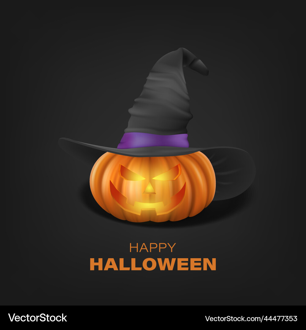 Halloween pumpkin with witch hat on black vector image