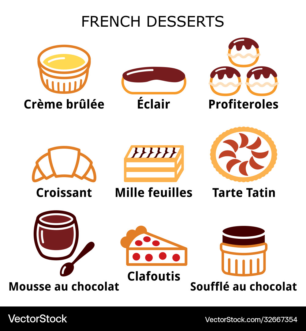 French dessert pastry and cakes icons - cafe French dessert pastry and cakes icons - cafe vector image