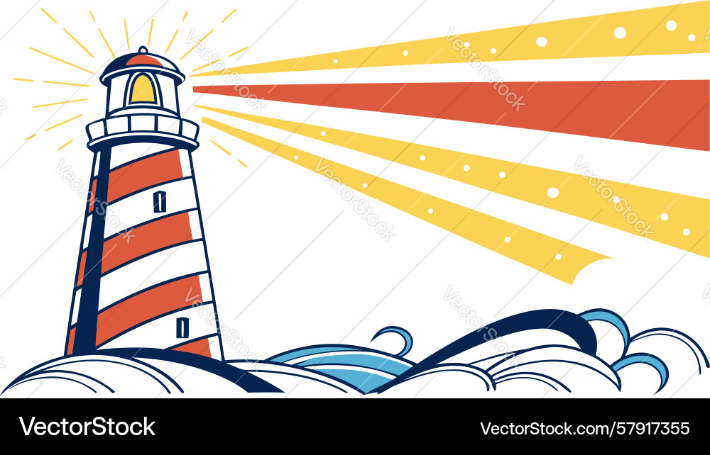 Guiding lighthouse with beaming rays of light Vector Image