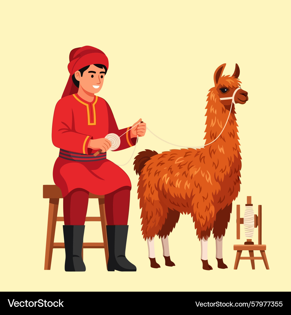 Man preparing thread next to llama Man preparing thread next to llama Vector Image