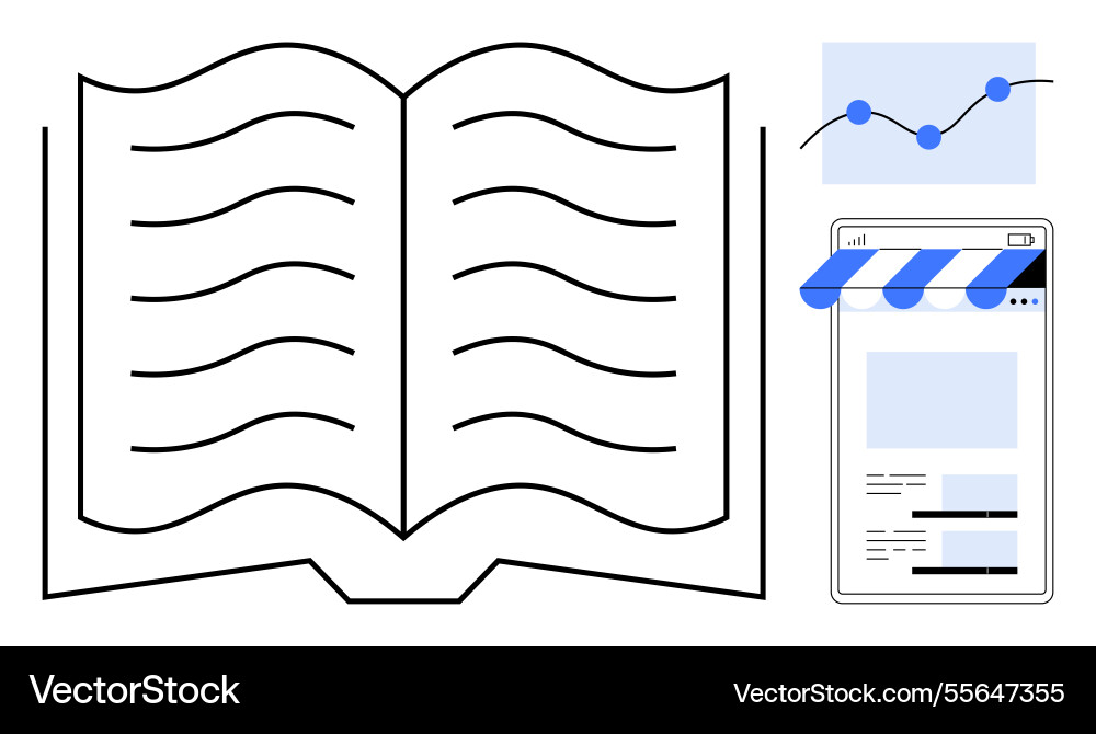 Open book with graph and online store page Open book with graph and online store page vector image