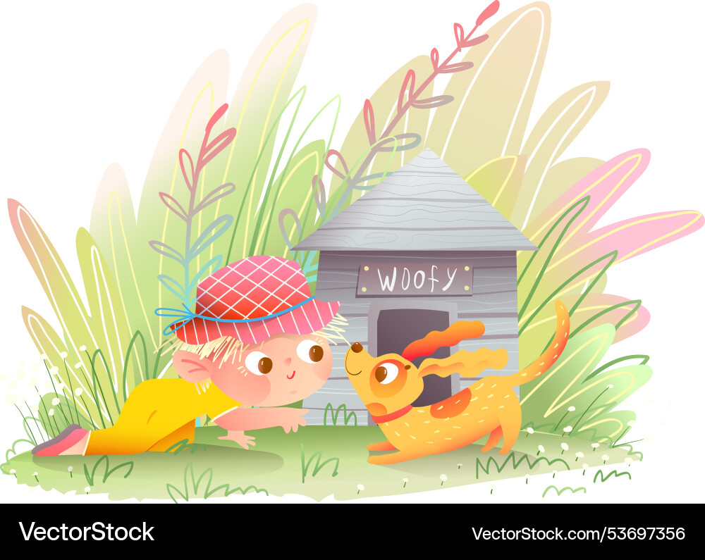 Little baby girl playing with her dog near kennel Little baby girl playing with her dog near kennel vector image