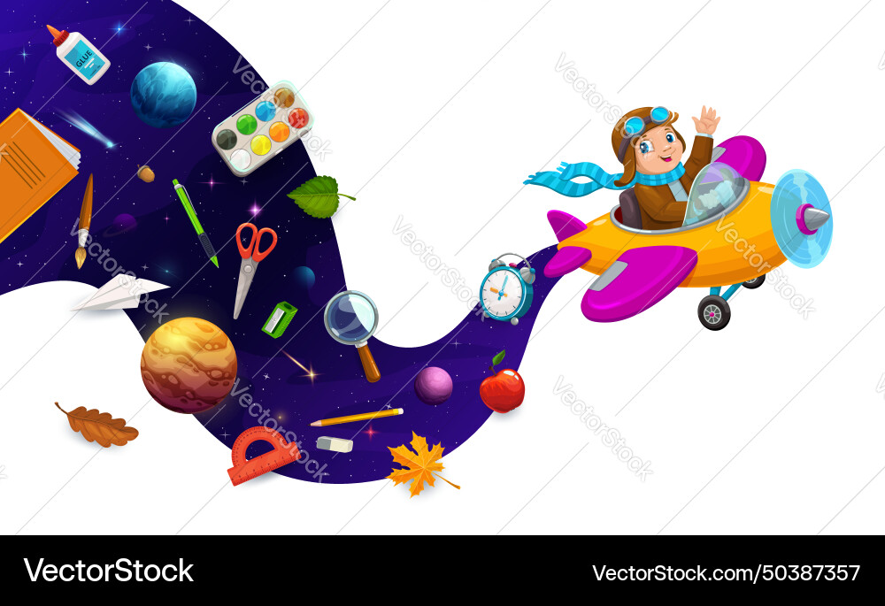 Kid Pilot Flugzeug auf Raumwelle mit Schulbedarf Kid Pilot Flugzeug auf Raumwelle mit Schulbedarf vektorbild