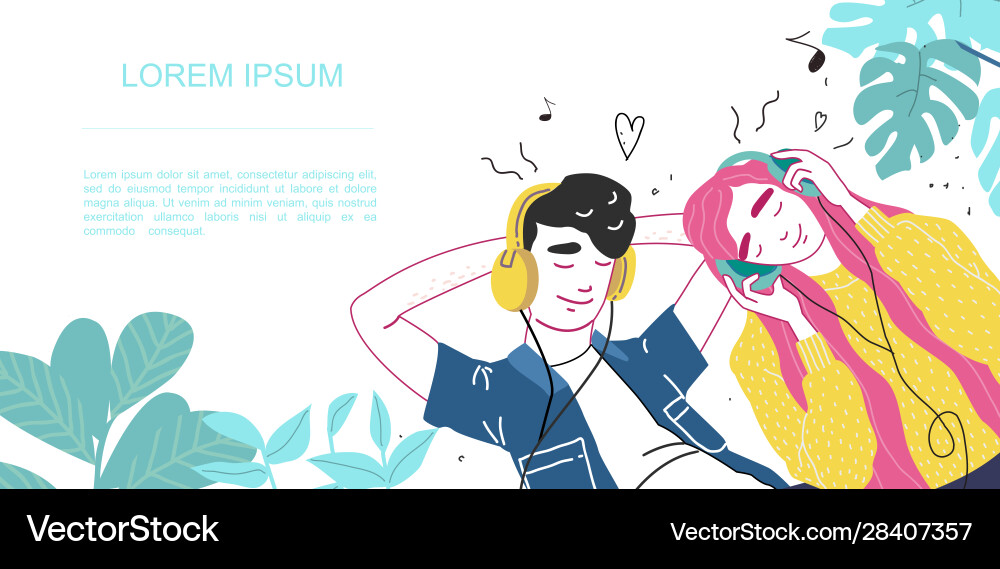 Lovers boy and girl listen to music on headphones Lovers boy and girl listen to music on headphones vector image