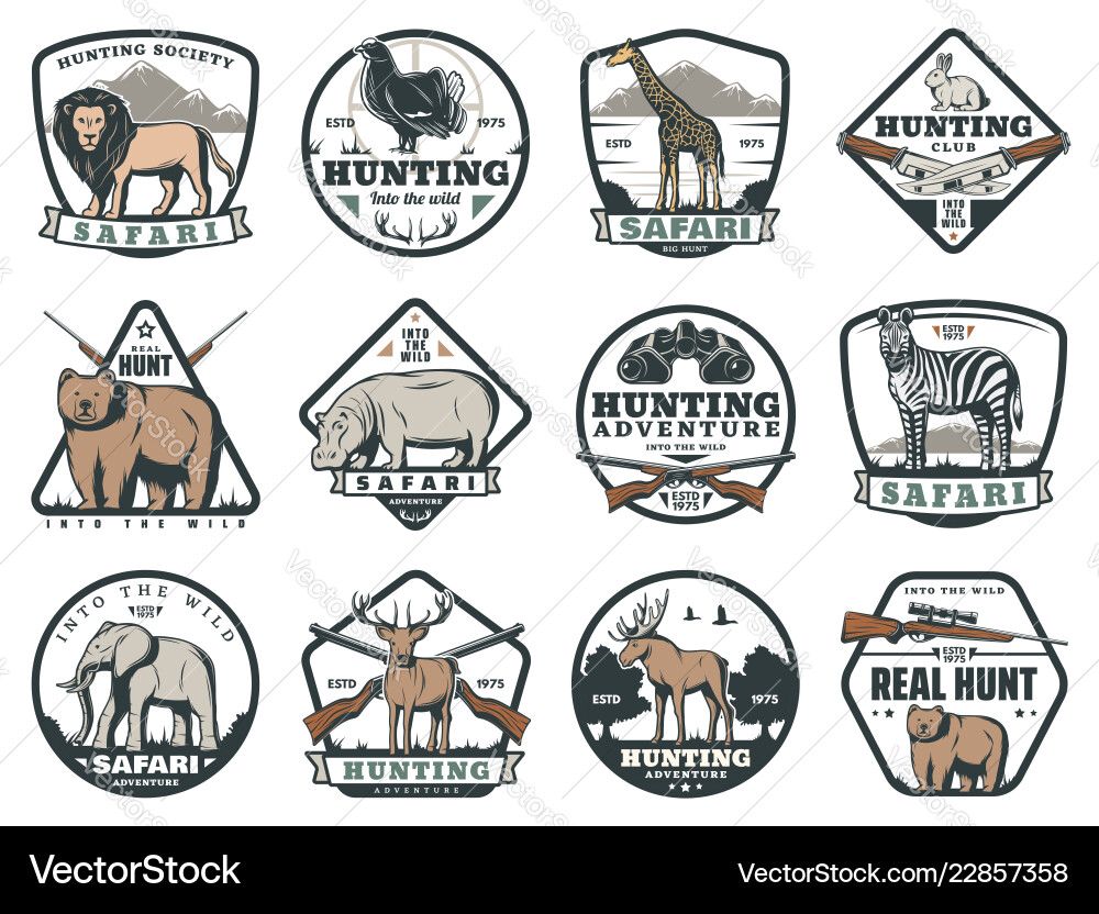 Safari Hunting Icons - Animals & Gear vector image
