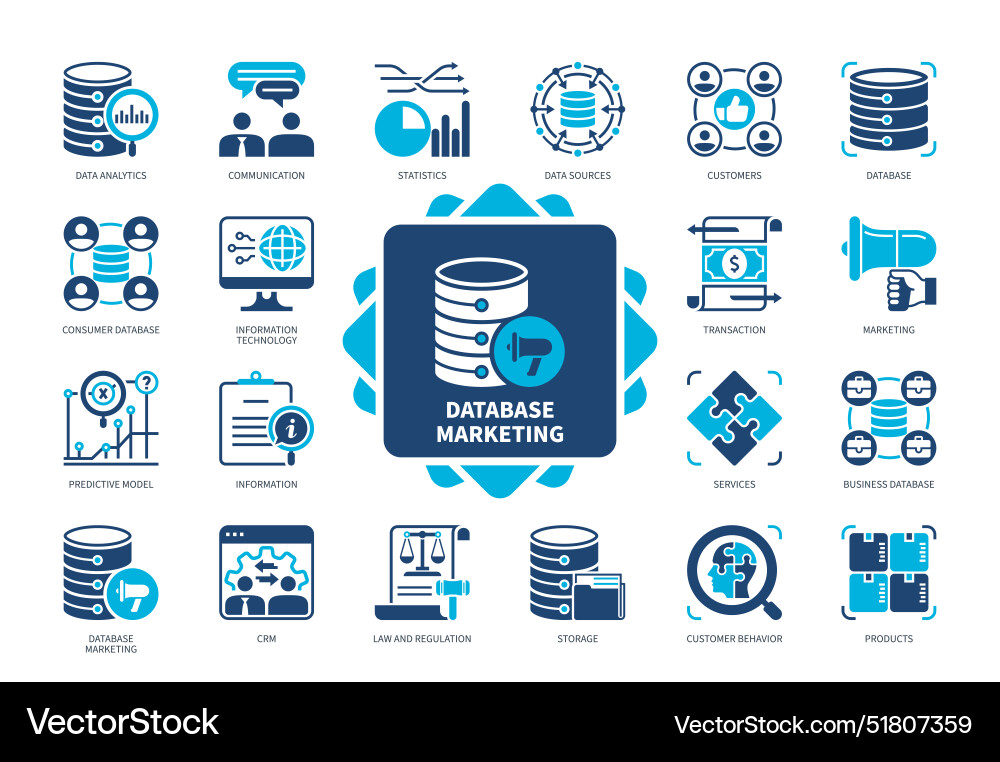 Database marketing solid icon set Database marketing solid icon set vector image
