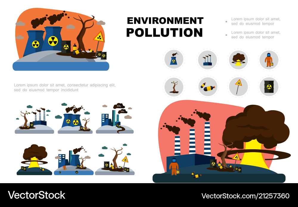 Flat environment pollution elements set Flat environment pollution elements set vector image