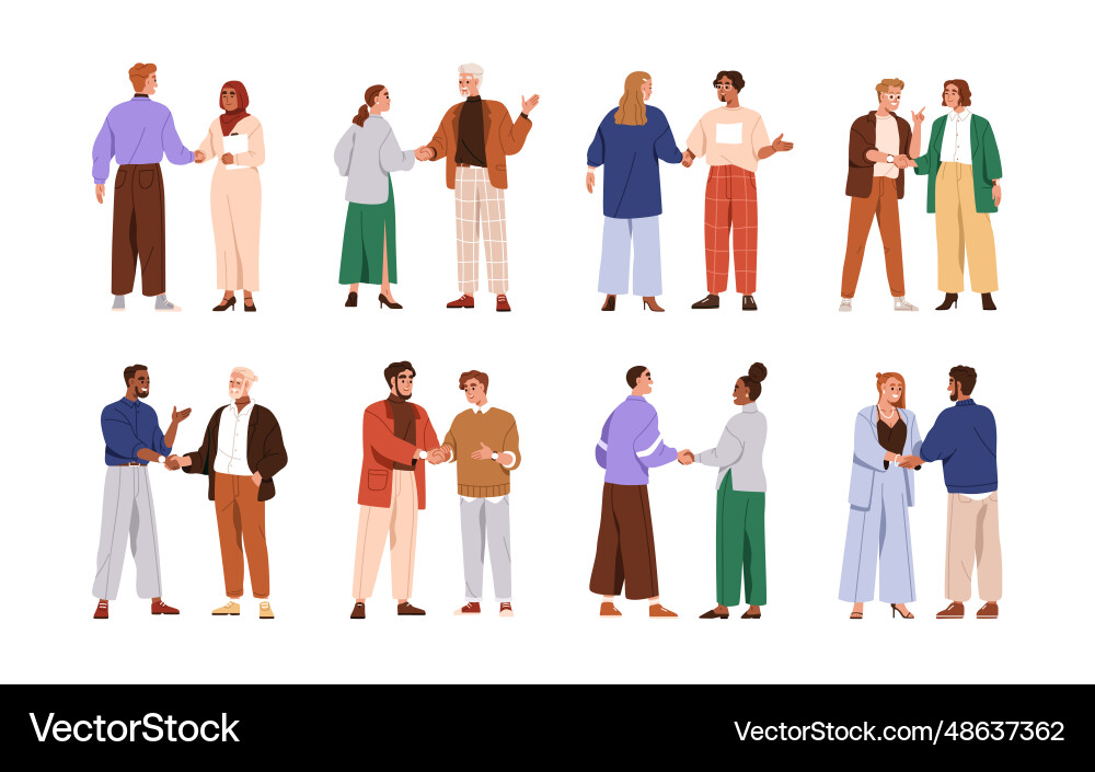 Business characters during handshakes set happy Business characters during handshakes set happy vector image