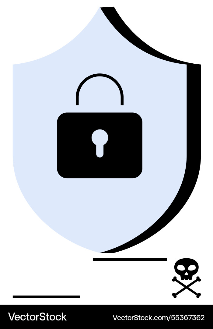Cybersecurity shield with lock and skull warning Cybersecurity shield with lock and skull warning vector image