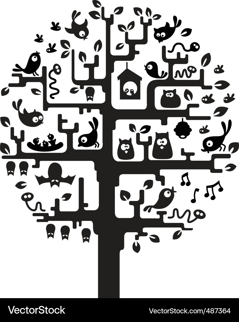 Stylisierter Baum mit Woodland Creatures Vektorbild