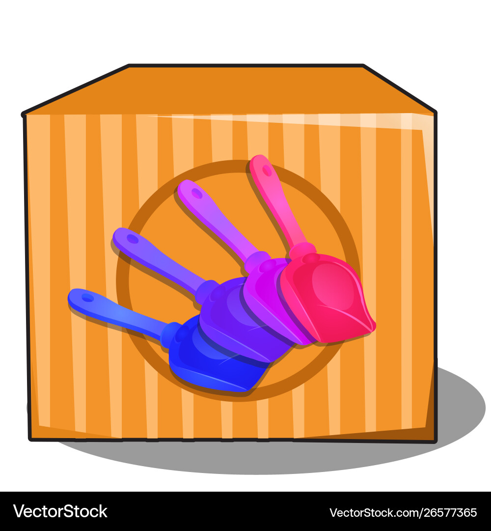 Cardboard box with colored plastic shovels vector image