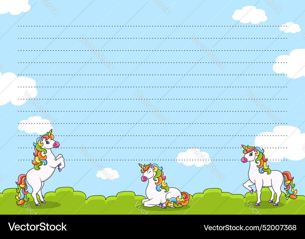 Colored sheet template for notes with unicorn Vector Image