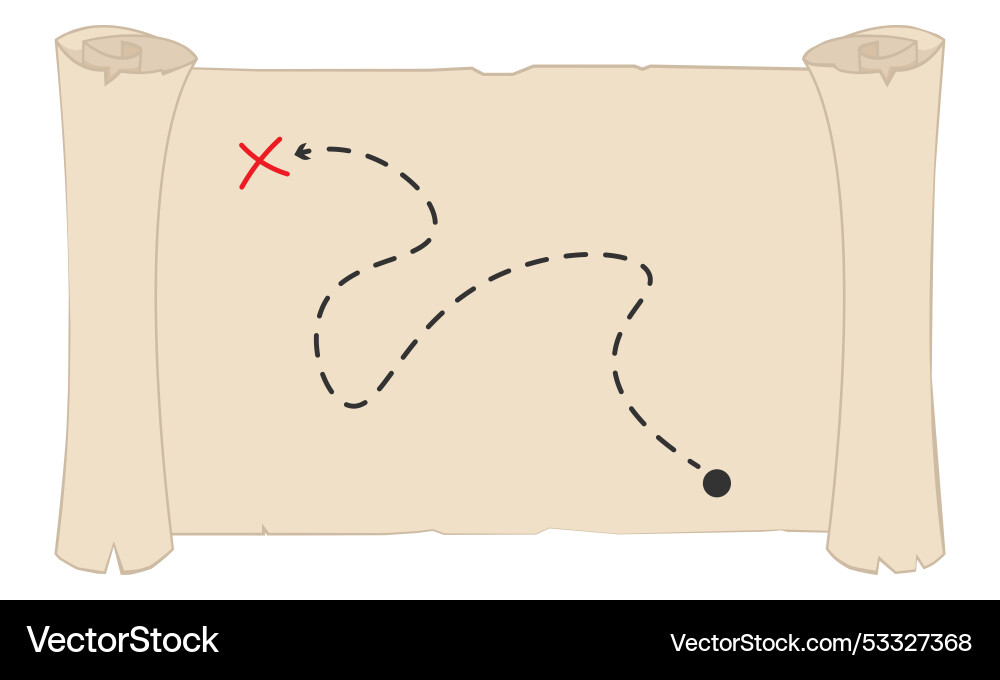 Old treasure map scroll with red x marks the spot Vector Image