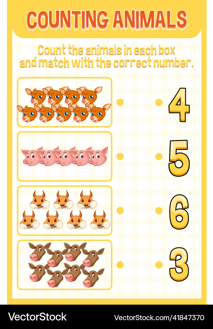 Match by count with different types of animals Match by count with different types of animals vector image
