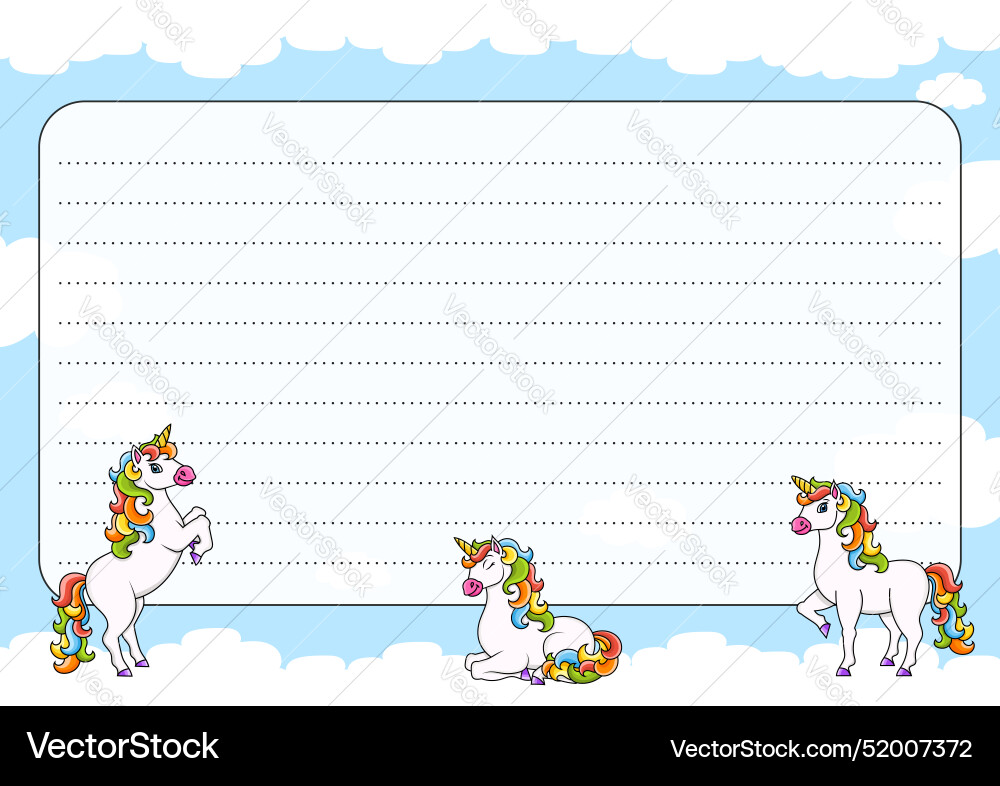 Colored sheet template for notes with unicorn Colored sheet template for notes with unicorn vector image