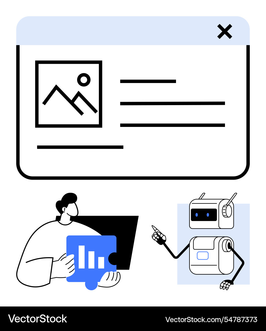 Man analyzing graphs with laptop and robot Man analyzing graphs with laptop and robot Vector Image