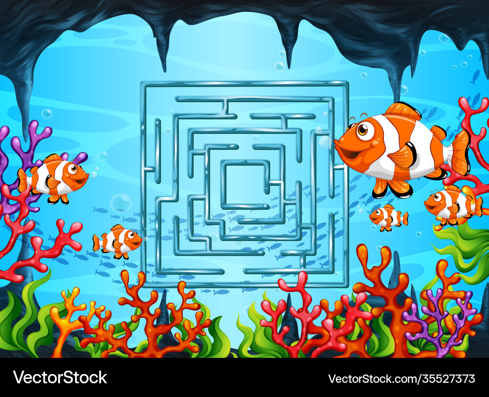 Maze game in underwater theme template Maze game in underwater theme template vector image