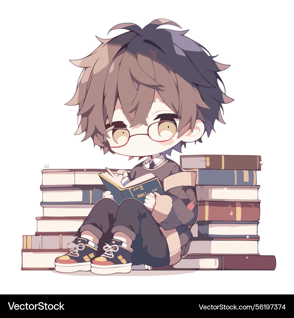 Chibi student reading books on the bench – Royalty-Free Vector | VectorStock, image size:1000x1080
