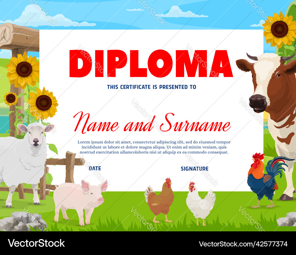 Farmer diploma cartoon farm animals on the meadow vector image