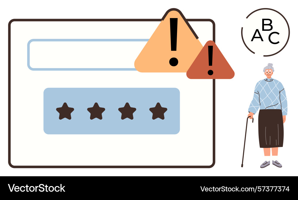 Password input with warning signs and elderly Password input with warning signs and elderly vector image