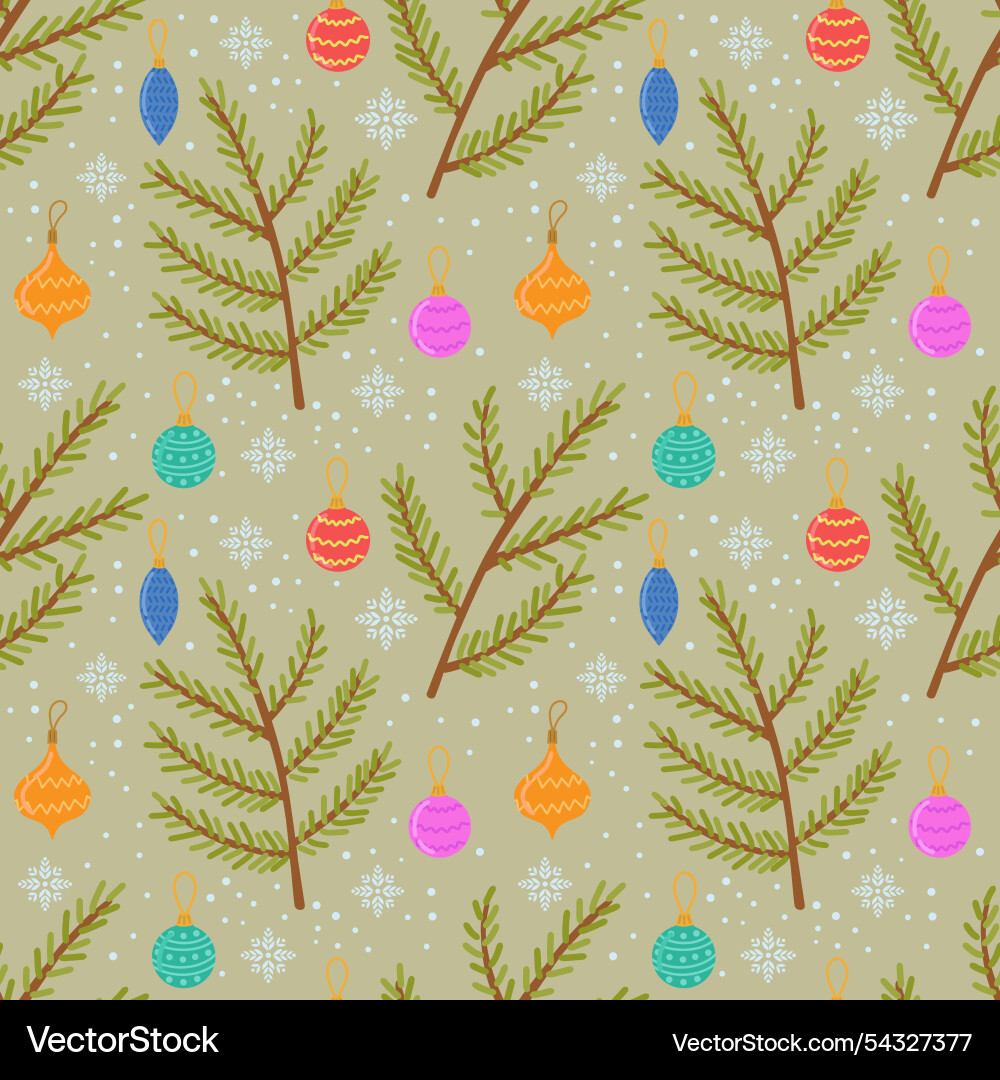 Seamless pattern with toys and fir twigs Seamless pattern with toys and fir twigs Vector Image