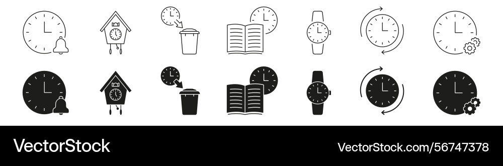 Clock and time management line solid icon set Clock and time management line solid icon set vector image