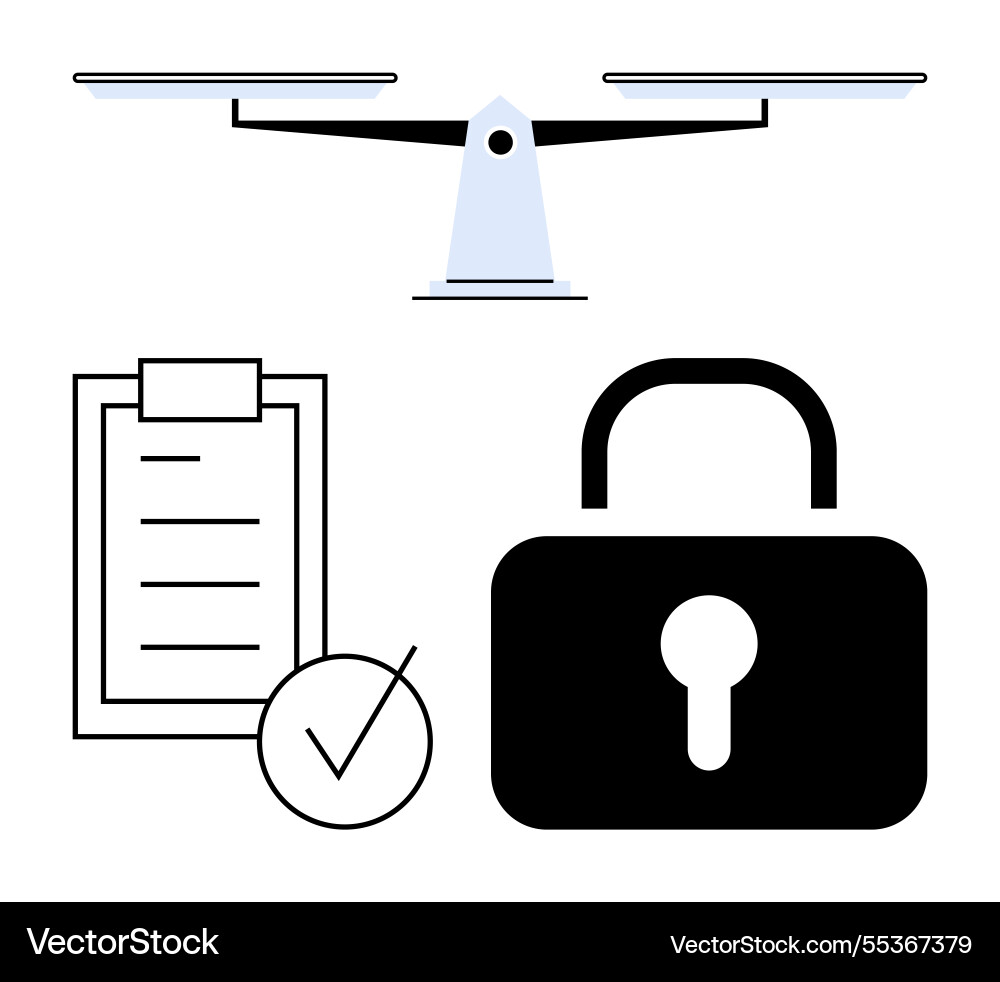 Balance scale with checklist and lock representing Balance scale with checklist and lock representing vector image